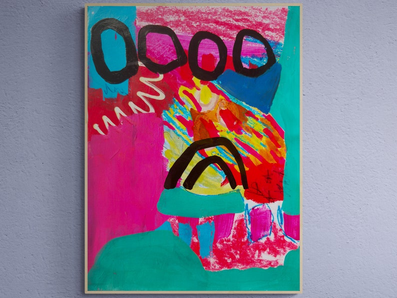 May include: Abstract painting featuring vibrant colours, including pink, blue, yellow, and black. The artwork incorporates a range of shapes and lines, such as circles, squiggles, and a curved line.