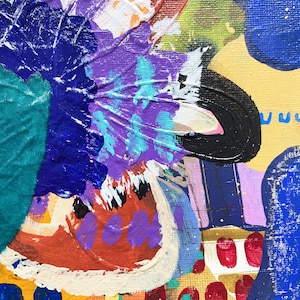 May include: Abstract painting with bold strokes of blue, purple, orange, red, and yellow paint. The painting has a textured surface and a variety of shapes and patterns.