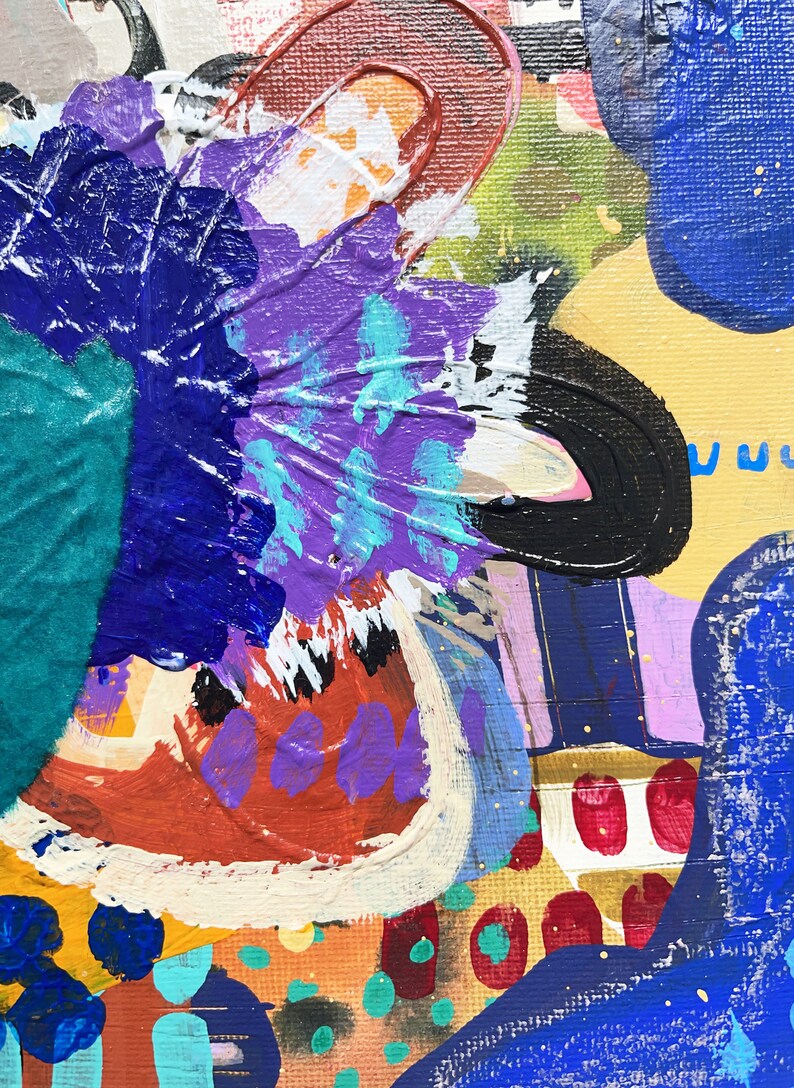 May include: Abstract painting with bold strokes of blue, purple, orange, red, and yellow paint. The painting has a textured surface and a variety of shapes and patterns.