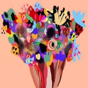 K&ouml;nnte beinhalten: Ein farbenfrohes abstraktes Gem&auml;lde eines Blumenstrau&szlig;es in einer Vase. Die Blumen sind in verschiedenen Schattierungen von Rot, Blau, Gr&uuml;n, Gelb und Orange gemalt. Die Vase ist braun mit einem gestreiften Muster.