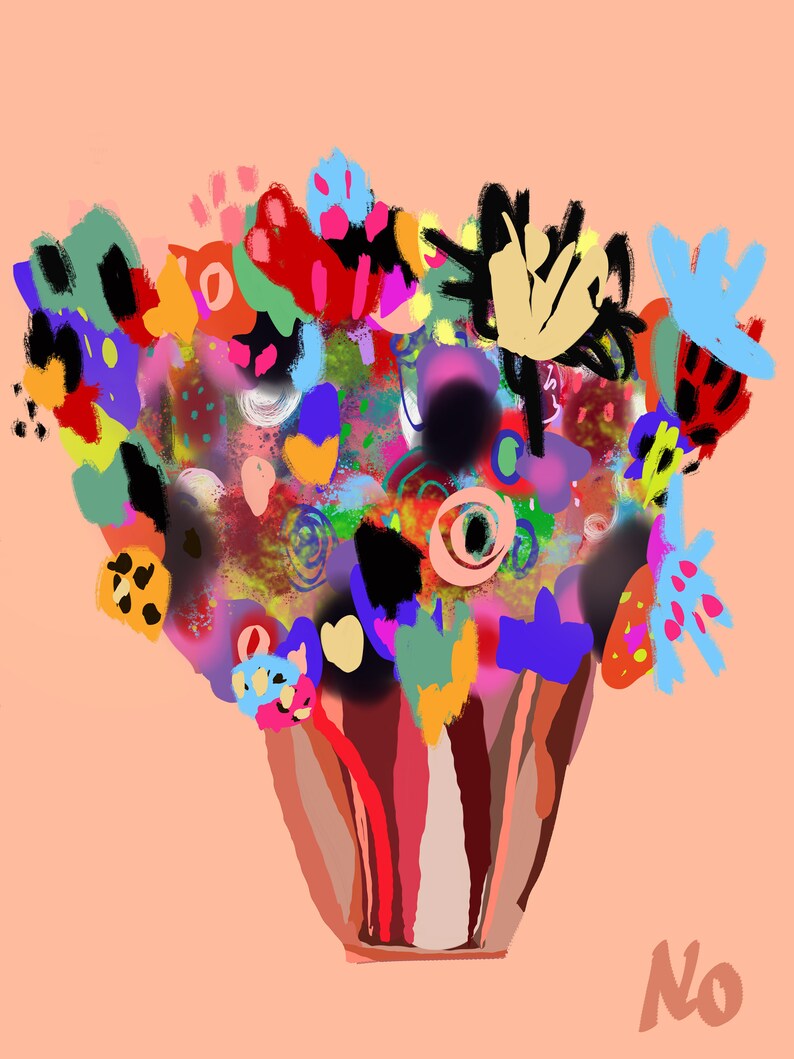K&ouml;nnte beinhalten: Ein farbenfrohes abstraktes Gem&auml;lde eines Blumenstrau&szlig;es in einer Vase. Die Blumen sind in verschiedenen Schattierungen von Rot, Blau, Gr&uuml;n, Gelb und Orange gemalt. Die Vase ist braun mit einem gestreiften Muster.