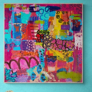 Modern Sprookje, Mixed Media Abstract on Wood, Vibrant Color Wall Art, Whimsical Abstraction, Original Painting, Doodling Art image 1