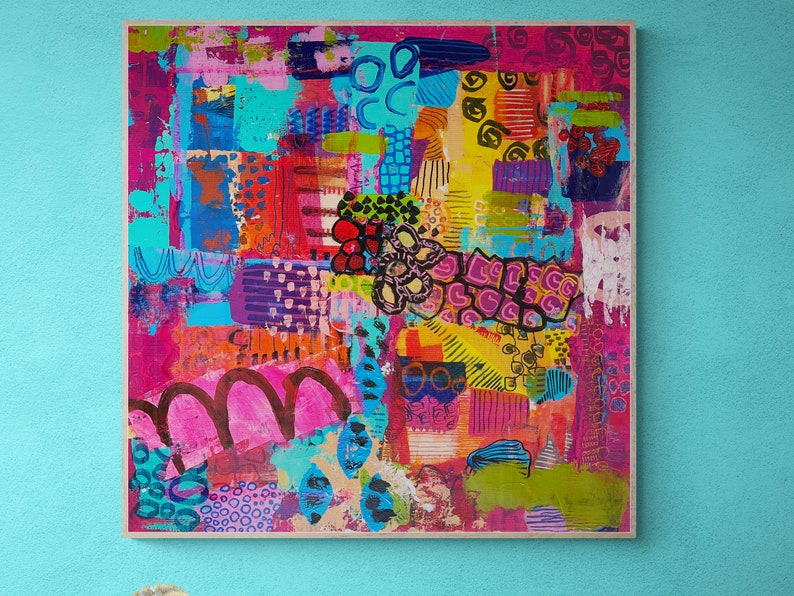 Modern Sprookje, Mixed Media Abstract on Wood, Vibrant Color Wall Art, Whimsical Abstraction, Original Painting, Doodling Art image 1