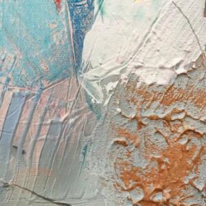 May include: Abstract painting with textured layers of blue, white, pink, and brown paint. The paint is applied in a thick, impasto style, creating a three-dimensional effect.