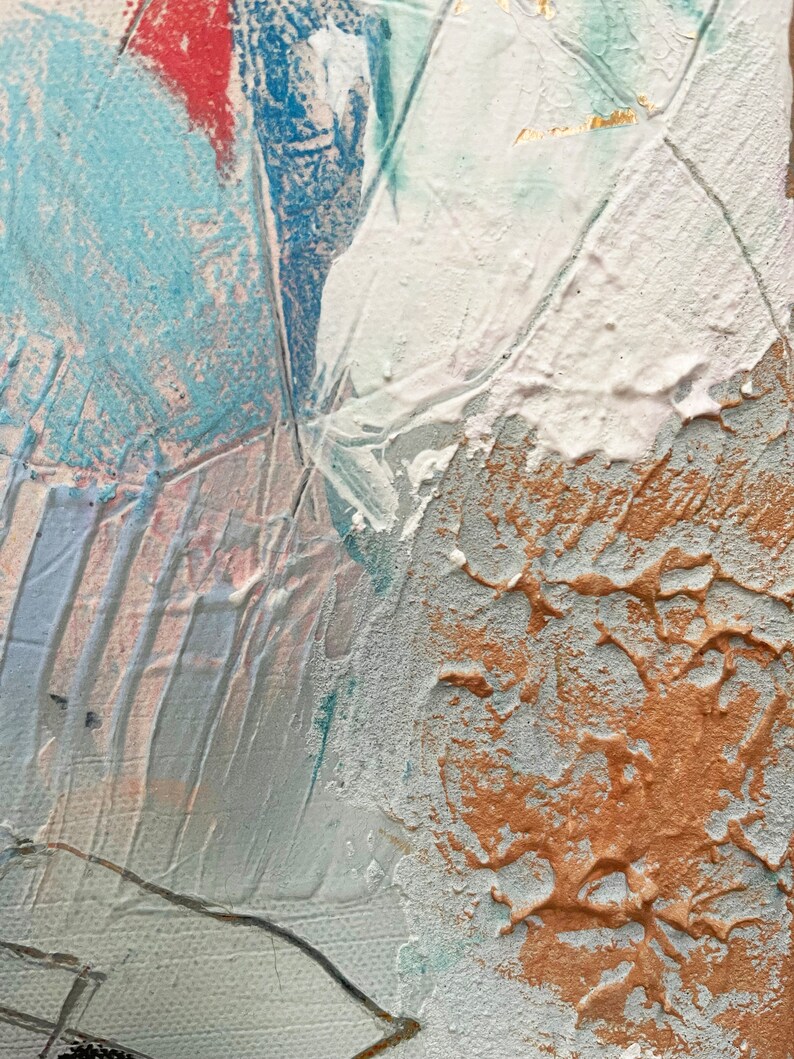 May include: Abstract painting with textured layers of blue, white, pink, and brown paint. The paint is applied in a thick, impasto style, creating a three-dimensional effect.