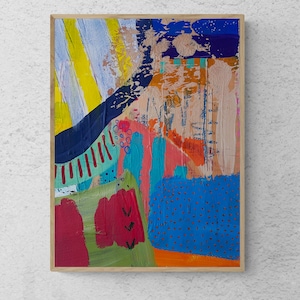 May include: Abstract painting with a mix of bright colors, including yellow, blue, green, red, and orange. The painting has a textured surface and appears to be made with acrylic paint.