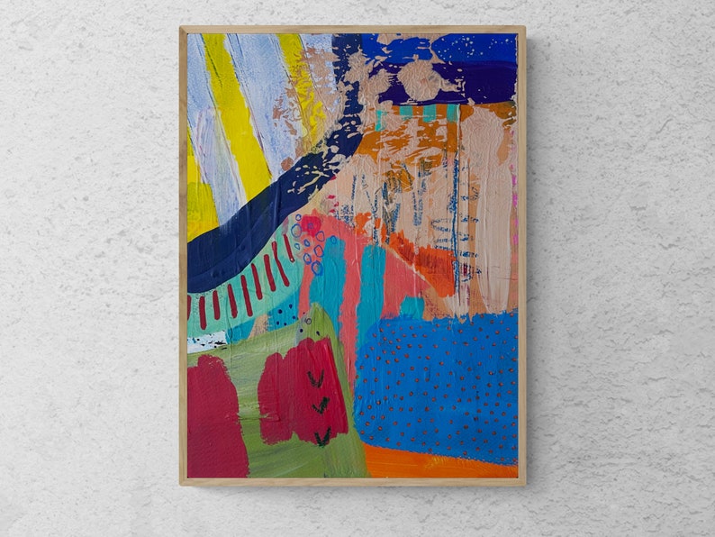May include: Abstract painting with a mix of bright colors, including yellow, blue, green, red, and orange. The painting has a textured surface and appears to be made with acrylic paint.