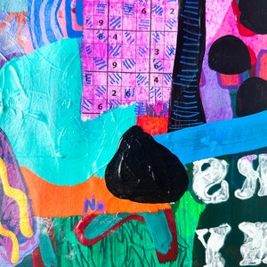 May include: Abstract painting with a pink, blue, green, and orange background. A black and white grid with numbers is visible in the center of the painting. The text "ask" and "No" are visible in the lower right corner of the painting.