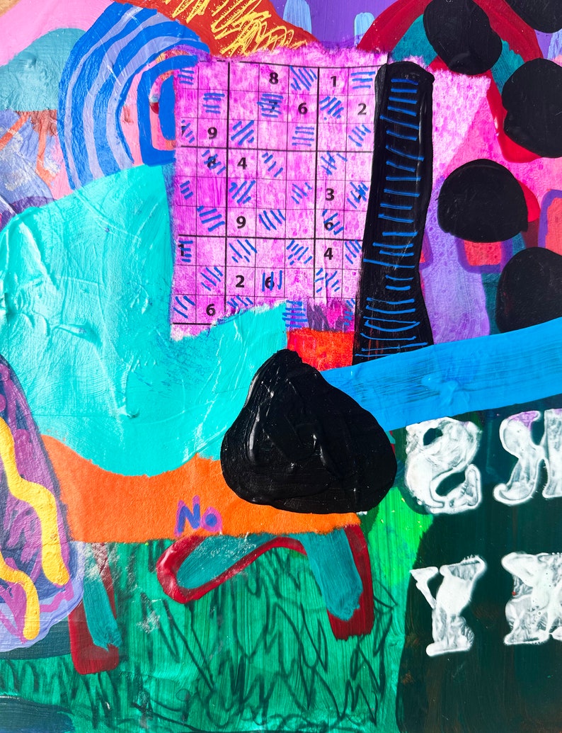 May include: Abstract painting with a pink, blue, green, and orange background. A black and white grid with numbers is visible in the center of the painting. The text "ask" and "No" are visible in the lower right corner of the painting.
