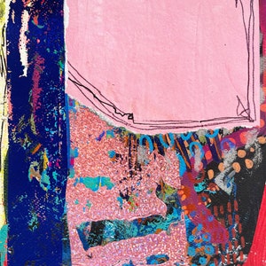 May include: Abstract mixed media artwork with a pink rectangular shape outlined in black, layered over a textured background. The artwork features vibrant colours including blue, red, and pink with glitter accents.