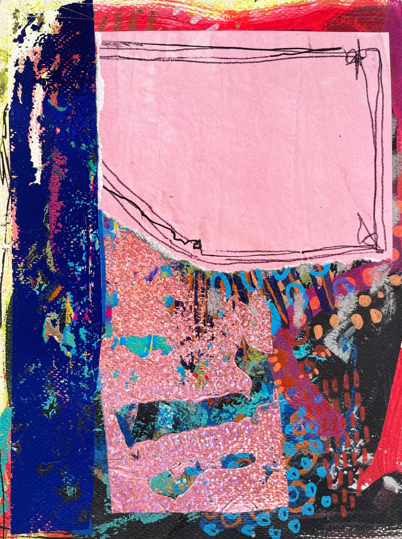 May include: Abstract mixed media artwork with a pink rectangular shape outlined in black, layered over a textured background. The artwork features vibrant colours including blue, red, and pink with glitter accents.