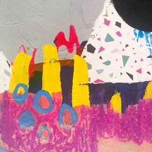 May include: An abstract painting featuring a large black circle, a white section with multicoloured geometric shapes, and thick brushstrokes in yellow, magenta, and blue. The composition includes textured layers of grey, dark purple, and light pink paint.