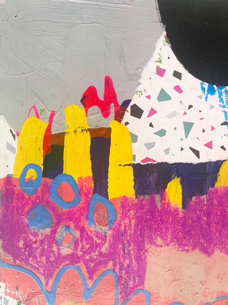 May include: An abstract painting featuring a large black circle, a white section with multicoloured geometric shapes, and thick brushstrokes in yellow, magenta, and blue. The composition includes textured layers of grey, dark purple, and light pink paint.