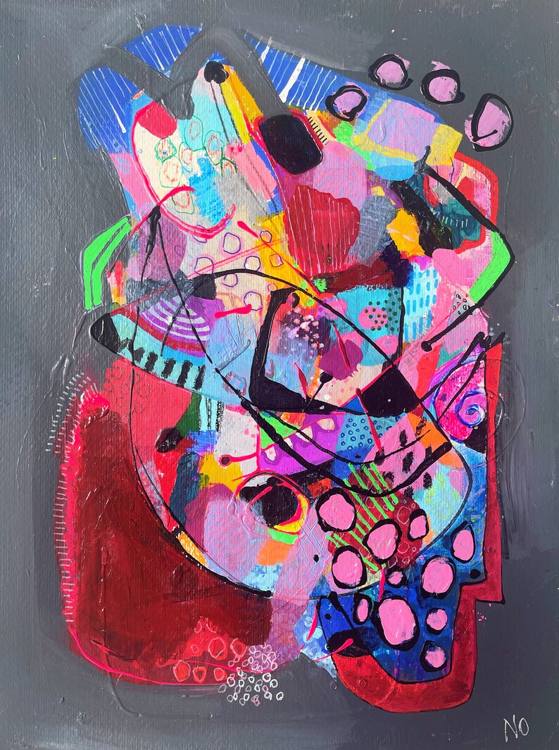 May include: Abstract painting with a colourful, layered design. The painting features a variety of shapes, lines, and textures in shades of pink, red, blue, yellow, green, and black. The background is a dark grey.