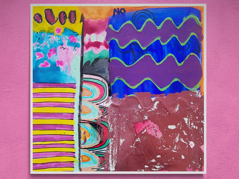 Originalmålning, Blandteknikkollage, Abstrakt expressionistisk målning, Modern väggkonst, Konstdagbok, Färgglad målning bild 2