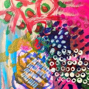May include: Abstract painting with a mix of colors, including pink, blue, green, red, white, and black. The painting features a variety of shapes, including circles, dots, and lines.