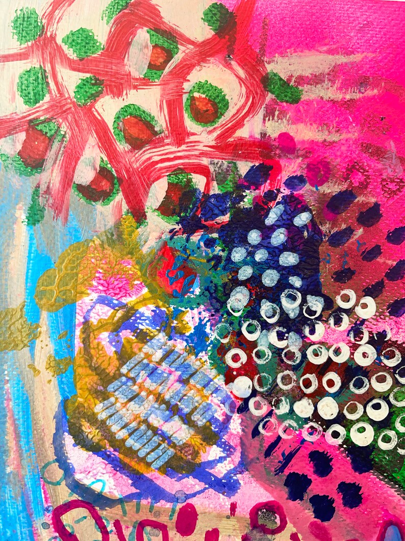 May include: Abstract painting with a mix of colors, including pink, blue, green, red, white, and black. The painting features a variety of shapes, including circles, dots, and lines.