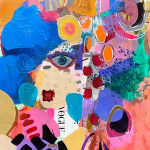 May include: Abstract painting with a colorful, layered style. The painting features a blue, green, and purple background with a large, stylized eye in the center. The eye is surrounded by a variety of shapes and textures, including circles, swirls, and lines. The painting is a vibrant and energetic work of art.