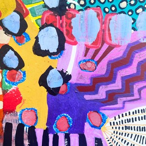 May include: Abstract painting with a colorful, geometric design. The painting features a variety of shapes, including circles, squares, and triangles. The colors are bright and vibrant, including yellow, red, blue, green, and purple.