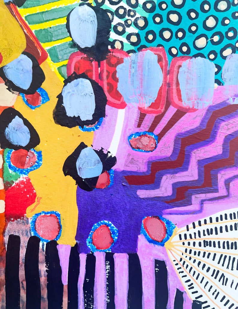 May include: Abstract painting with a colorful, geometric design. The painting features a variety of shapes, including circles, squares, and triangles. The colors are bright and vibrant, including yellow, red, blue, green, and purple.