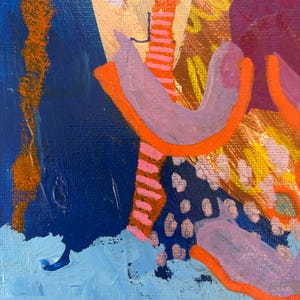 May include: An abstract painting on canvas featuring a deep navy blue background with a light blue base. The composition includes vibrant orange curved lines, pink striped vertical patterns, and clusters of small purple dots layered over textured paint.