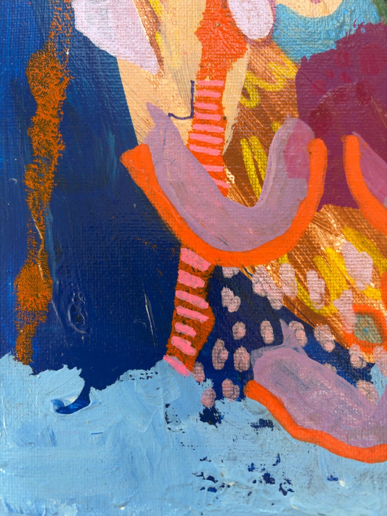 May include: An abstract painting on canvas featuring a deep navy blue background with a light blue base. The composition includes vibrant orange curved lines, pink striped vertical patterns, and clusters of small purple dots layered over textured paint.