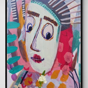 Op de afbeelding: Abstracte schilderij van een gezicht met felle kleuren, waaronder roze, groen, geel en oranje. Het gezicht heeft grote ogen en een roze mond. De achtergrond is een mix van abstracte vormen en lijnen.