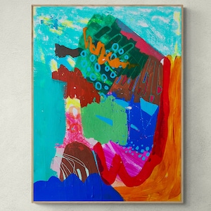 May include: Abstract painting with bold strokes of orange, red, green, blue, and brown paint. The painting has a textured surface and a modern style.