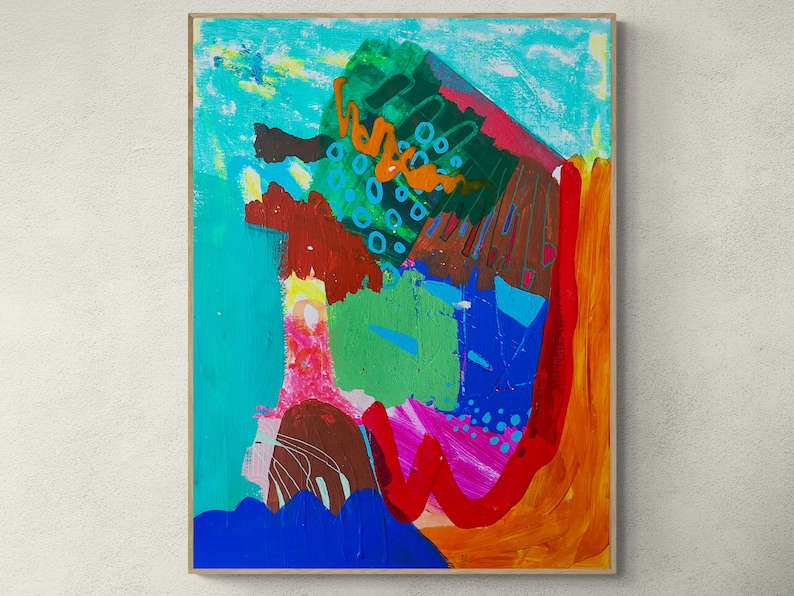 May include: Abstract painting with bold strokes of orange, red, green, blue, and brown paint. The painting has a textured surface and a modern style.