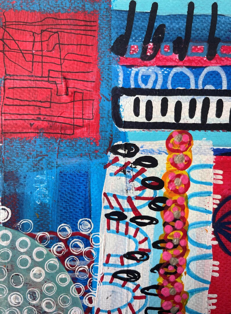 May include: Abstract painting with a mix of blue, red, white, black, yellow, and pink colors. The painting features geometric shapes, lines, and circles.