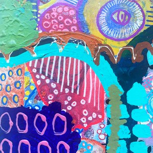 May include: Abstract painting with a colorful, layered design. The painting features a variety of shapes, including circles, ovals, and stripes. The colors used in the painting include blue, green, red, yellow, and pink.