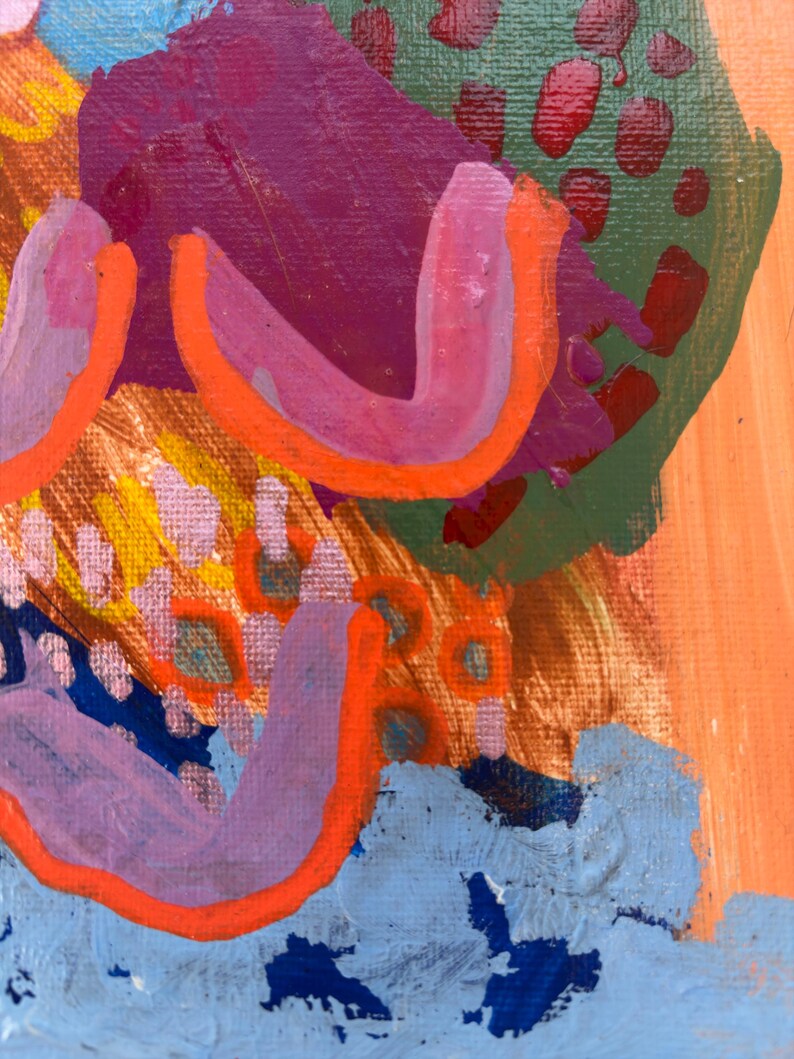 May include: An abstract painting on canvas featuring layered brushstrokes in vibrant colors including bright orange, deep purple, light blue, olive green, and yellow. The composition displays thick, textured paint applications with curved lines and dotted patterns.