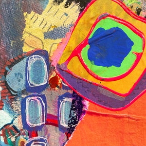 May include: Abstract painting with a bright orange background, a yellow square with a green and blue circle inside, and a cluster of blue and white circles on the left side.