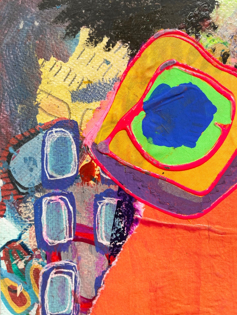 May include: Abstract painting with a bright orange background, a yellow square with a green and blue circle inside, and a cluster of blue and white circles on the left side.