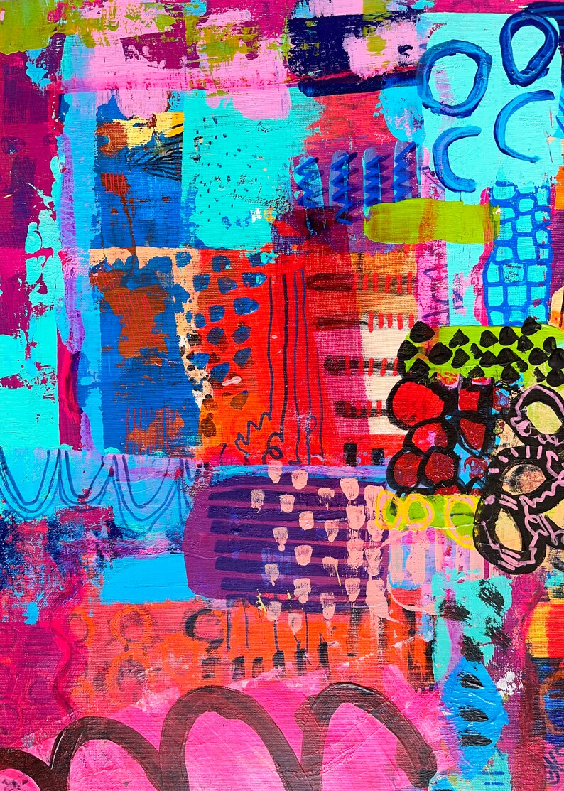 Modern Sprookje, Mixed Media Abstract on Wood, Vibrant Color Wall Art, Whimsical Abstraction, Original Painting, Doodling Art image 5