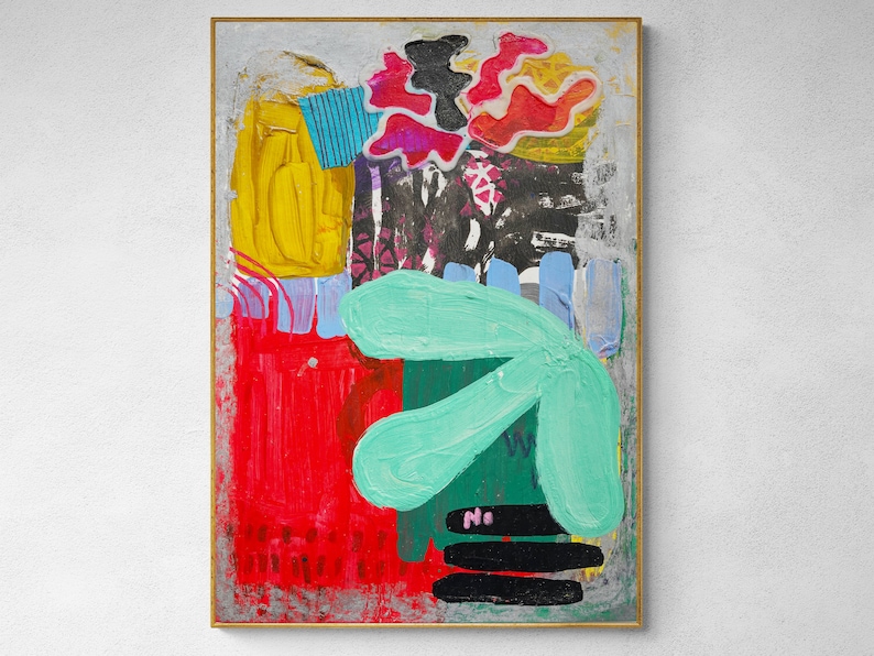 May include: Abstract painting with a green, blue, red, yellow, and black color scheme. The painting features a large green shape in the center, with smaller shapes and lines surrounding it.