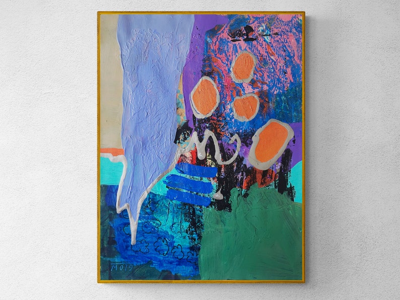 May include: Abstract painting with a blue, purple, green, and orange color scheme. The painting features a large, abstract shape in the center, surrounded by smaller shapes and lines. The painting is framed in a gold frame.