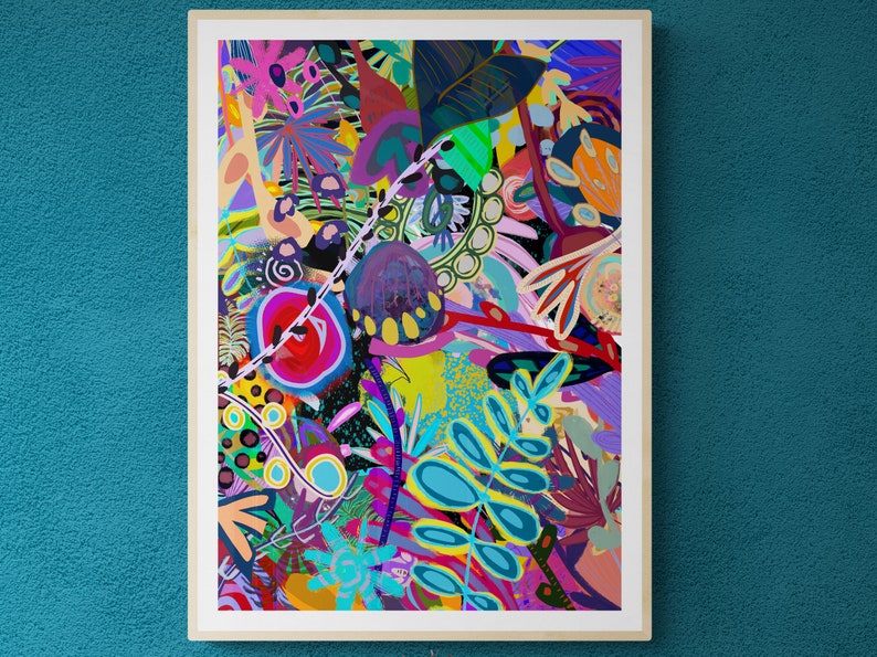 Pu&ograve; includere: Stampa d'arte astratta con un design colorato e vibrante con varie forme e motivi. La stampa &egrave; dominata da tonalit&agrave; di blu, verde, giallo, rosa e rosso.
