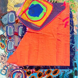 May include: Abstract painting with a bright orange background, a blue circle with a green and yellow ring around it, and a black border. The painting has a collage-like appearance with different textures and patterns.