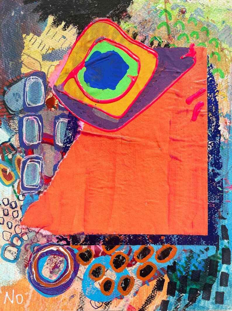 May include: Abstract painting with a bright orange background, a blue circle with a green and yellow ring around it, and a black border. The painting has a collage-like appearance with different textures and patterns.