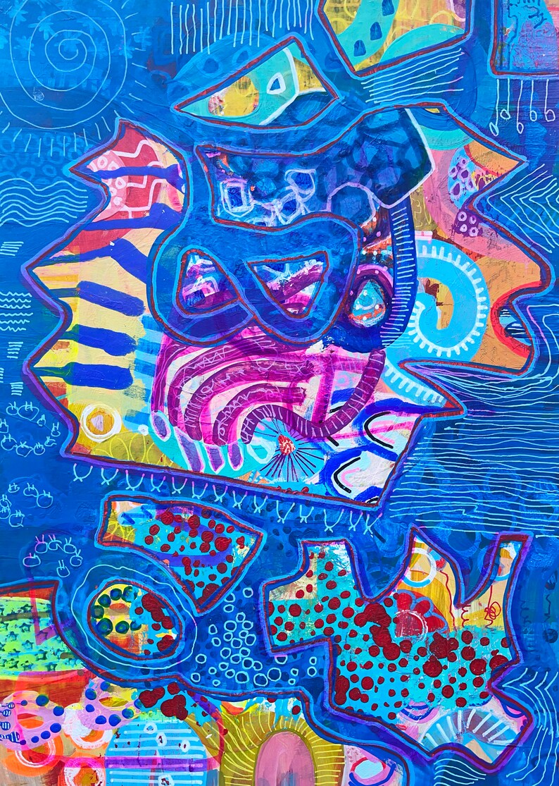 K&ouml;nnte beinhalten: Abstraktes Gem&auml;lde mit blauem Hintergrund und bunten Formen, Linien und Mustern. Das Gem&auml;lde zeigt eine Vielzahl von Farben, darunter Blau, Gelb, Rosa, Lila und Rot.