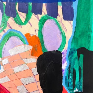 Peut inclure: Peinture abstraite avec un motif de grille, des formes noires, orange, vertes, bleues et violettes, sur un fond rose clair.