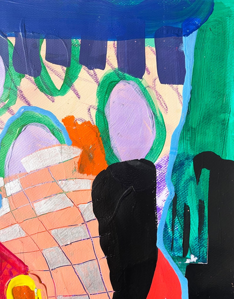 Peut inclure: Peinture abstraite avec un motif de grille, des formes noires, orange, vertes, bleues et violettes, sur un fond rose clair.