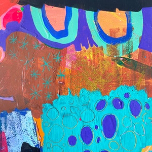 May include: Abstract painting with a mix of colors, including brown, purple, blue, turquoise, and gold. The painting features a variety of shapes and textures, including circles, stars, and brushstrokes.