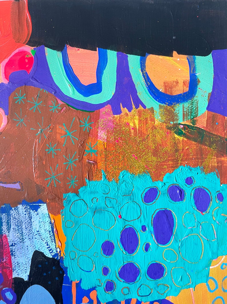 May include: Abstract painting with a mix of colors, including brown, purple, blue, turquoise, and gold. The painting features a variety of shapes and textures, including circles, stars, and brushstrokes.
