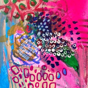 May include: Abstract painting with a pink, blue, green, and white background. The painting features a variety of shapes and patterns, including circles, squares, and lines. The painting is done in a bold and colorful style.