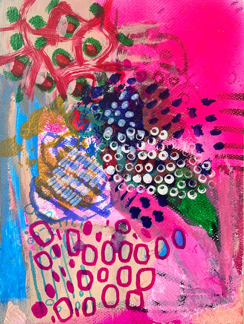 May include: Abstract painting with a pink, blue, green, and white background. The painting features a variety of shapes and patterns, including circles, squares, and lines. The painting is done in a bold and colorful style.