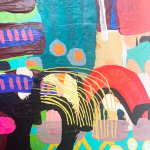 May include: Abstract painting with bold strokes of red, yellow, blue, green, and black paint. The painting has a textured surface and a layered look.
