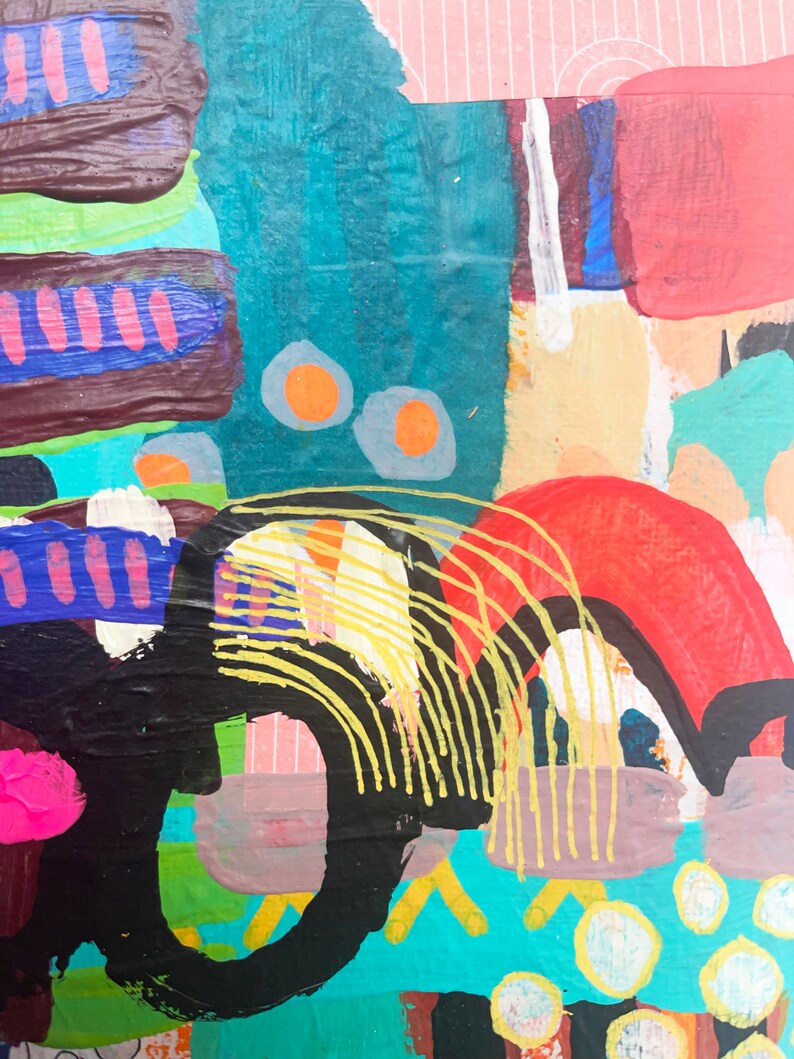 May include: Abstract painting with bold strokes of red, yellow, blue, green, and black paint. The painting has a textured surface and a layered look.