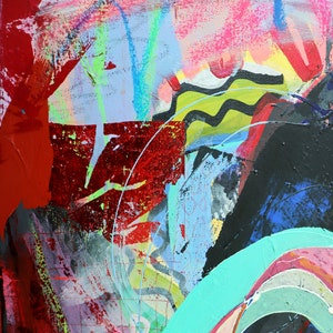 May include: Abstract painting with bold strokes of red, pink, blue, green, and black paint. The painting features a large, circular shape in the lower right corner, with concentric rings of color.